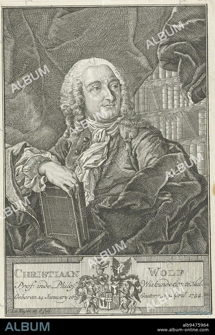 Portrait of Christian Wolff, Carel Jacob de Huyser, 1763 - 1804, Portrait of Christian Wolff at half-length to the left, looking to the right, holding a book in his right hand. In the background a curtain and bookcase. Centered below his family crest., print maker: Carel Jacob de Huyser, (mentioned on object), intermediary draughtsman: Carel Jacob de Huyser, (mentioned on object), Amsterdam, 1763 - 1804, paper, etching, engraving, h 136 mm × w 93 mm.
