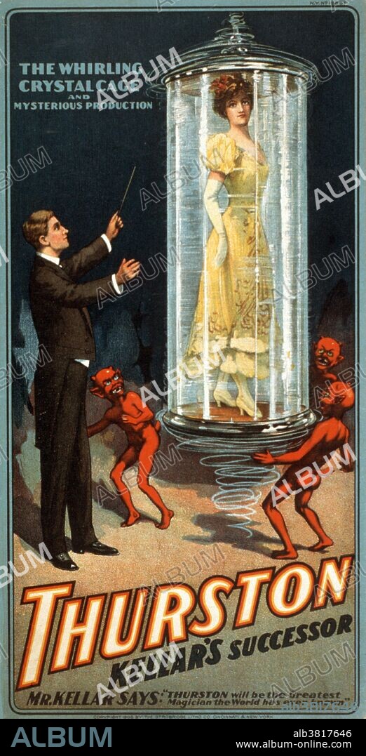 Entitled: "Thurston Kellar's successor" lithograph poster created by the Strobridge Lithographing Company, 1908. Magic has a long history of being associated with the devil and the dark arts. The explosion of devilish advertisements took place when magicians moved from using simple printed playbills to elaborate full color lithographs. Howard Thurston (July 20, 1869 - April 13, 1936) was an American stage magician. His childhood was unhappy and he ran away to join the circus, where his future partner Harry Kellar also performed. Thurston was deeply impressed after he attended magician Alexander Herrmann's magic show and was determined to equal his work. He eventually became the most famous magician of his time. His traveling magic show was the biggest one of all; it was so large that it needed eight train cars to transport his road show. He is still famous for his work with playing cards. He continued presenting the Thurston-Kellar Show following the retirement of Kellar. The Thurston show became an institution. He kept up the grind for about thirty years until, on March 30, 1936, he suffered a stroke from a cerebral hemorrhage. He died two weeks later at the age of 66. His death was attributed to pneumonia.