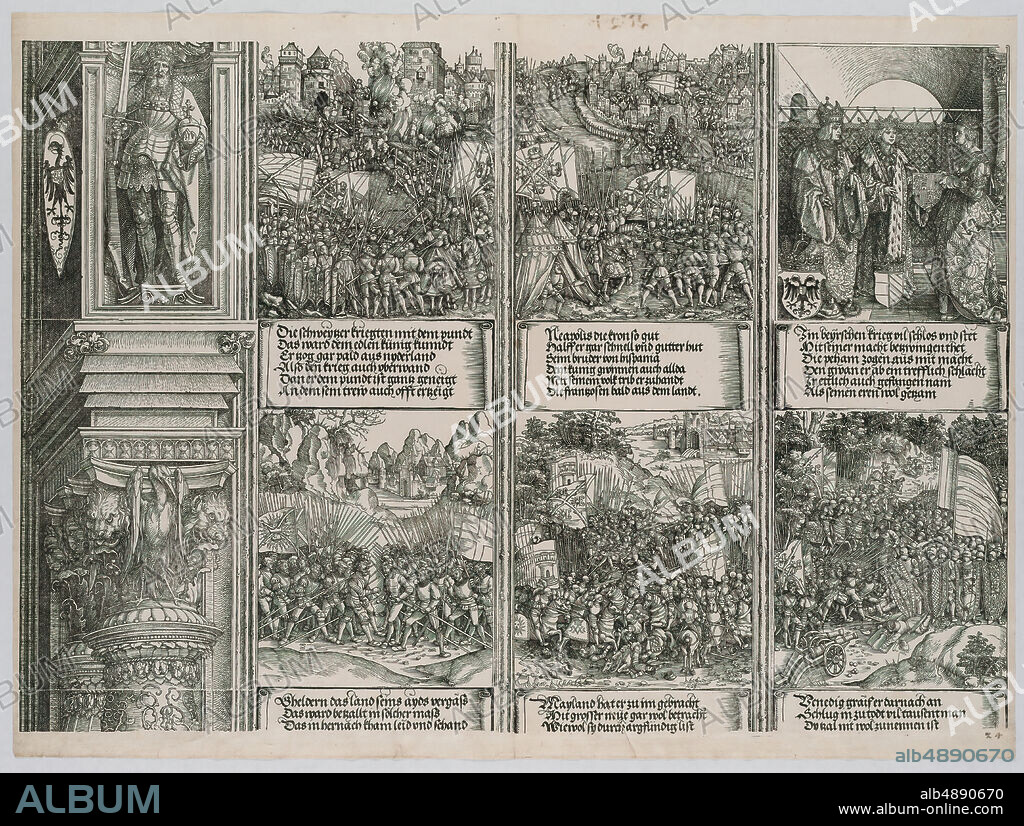 Albrecht Dürer, The Marriage of Philip the Fair to Joanna of Austria; Maximilian Recaptures the Occupied Territories from Hungary; The Conquest of Hungary; The Swiss War; The Liberation of Naples; and The Battle of Wenzenberg, from the Arch of Honor, proof, dated 1515, printed 1517-18, Albrecht Dürer (German, Nuremberg 14711528 Nuremberg), Hans Springinklee (German, ca. 1495after 1522), Wolf Traut (German, 14861520), 1515, Woodcut and letterpress, Sheet: 18 1/4 in. × 25 in. (46.4 × 63.5 cm), Prints.