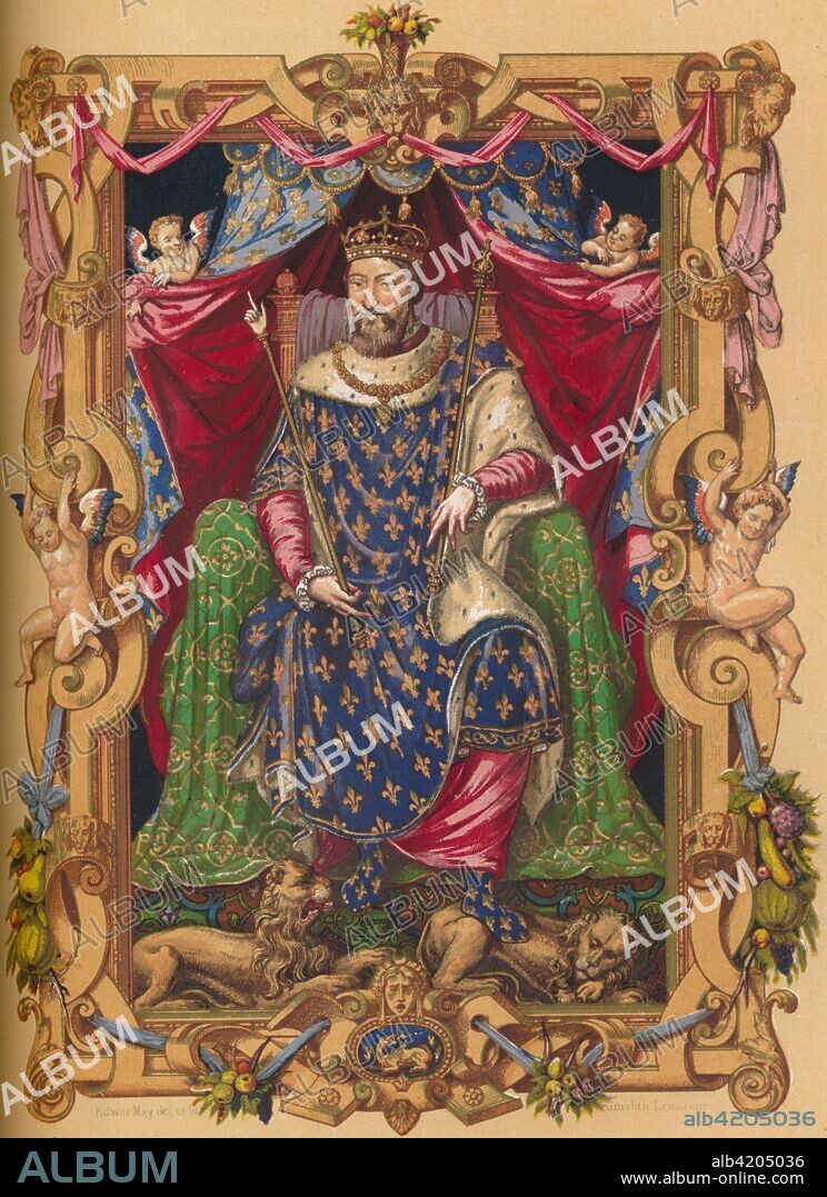 King Francis I of France, 16th century, (1849). Portrait of Francis I (1494-1547), regarded as France's first Renaissance monarch. He is depicted in an ermine-trimmed robe patterned with the royal fleur de lys emblem, and demonstrates his power by resting his feet on a pair of lions. 19th century illustration after a miniature from "Recueil des rois de France", (a history of the French monarchs) published 1545-1566, by Jean du Tillet, in the Bibliotheque Nationale de France in Paris. From Volume 2 of "Le Moyen Age Et La Renaissance", (The Middle Ages and the Renaissance), edited by Paul Lacroix, artistic direction by Ferdinand Seré [Paris, 1849].