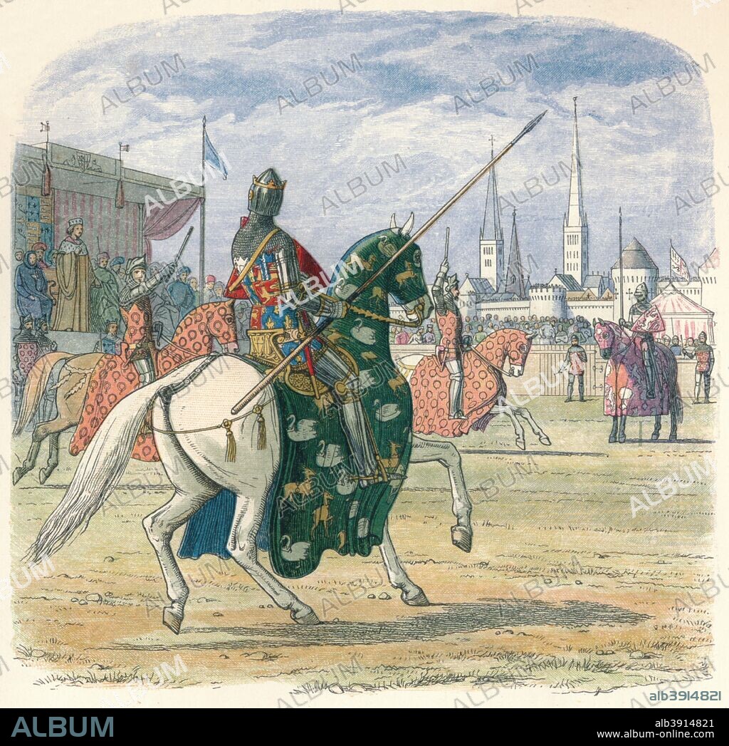 'Richard stops the duel between Hereford and Norfolk', 1864. Richard II, (1367-1400) stops the duel between Henry Bolingbroke, 1st Duke of Hereford, (1366- 1413) and Thomas de Mowbray, 1st Duke of Norfolk, (1366-1399).  From A Chronicle of England B.C. 55 - A.D. 1485 by James E. Doyle. [Longman, Green, Longman, Roberts & Green, London, 1864].