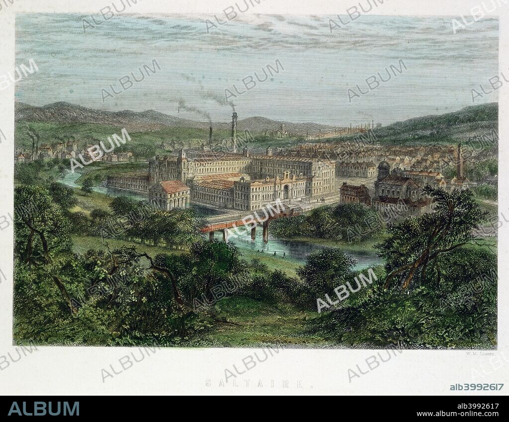 Saltaire, Yorkshire, 19th century. Saltaire was a model textile factory and town near Bradford,Yorkshire, founded by Titus Salt (1803-1876) in 1851. Shops, a library and other facilities were provided for the workers, but no public houses as Salt was a teetotaller. The town was built on the Leeds and Liverpool canal for ease of transport of the factory's raw materials and finished goods.