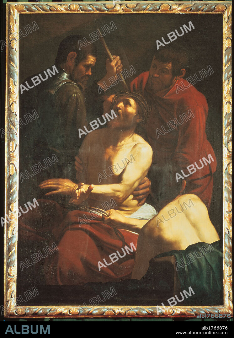 The Crown of Thorns, by Merisi Michelangelo known as Caravaggio, 17th Century, 1602-1603, oil on canvas, cm 178 x 125. Italy, Tuscany, Prato, Cassa di Risparmio e Depositi. All. Jesus Christ bust light dress red crown thorns persecutors pincers stick.