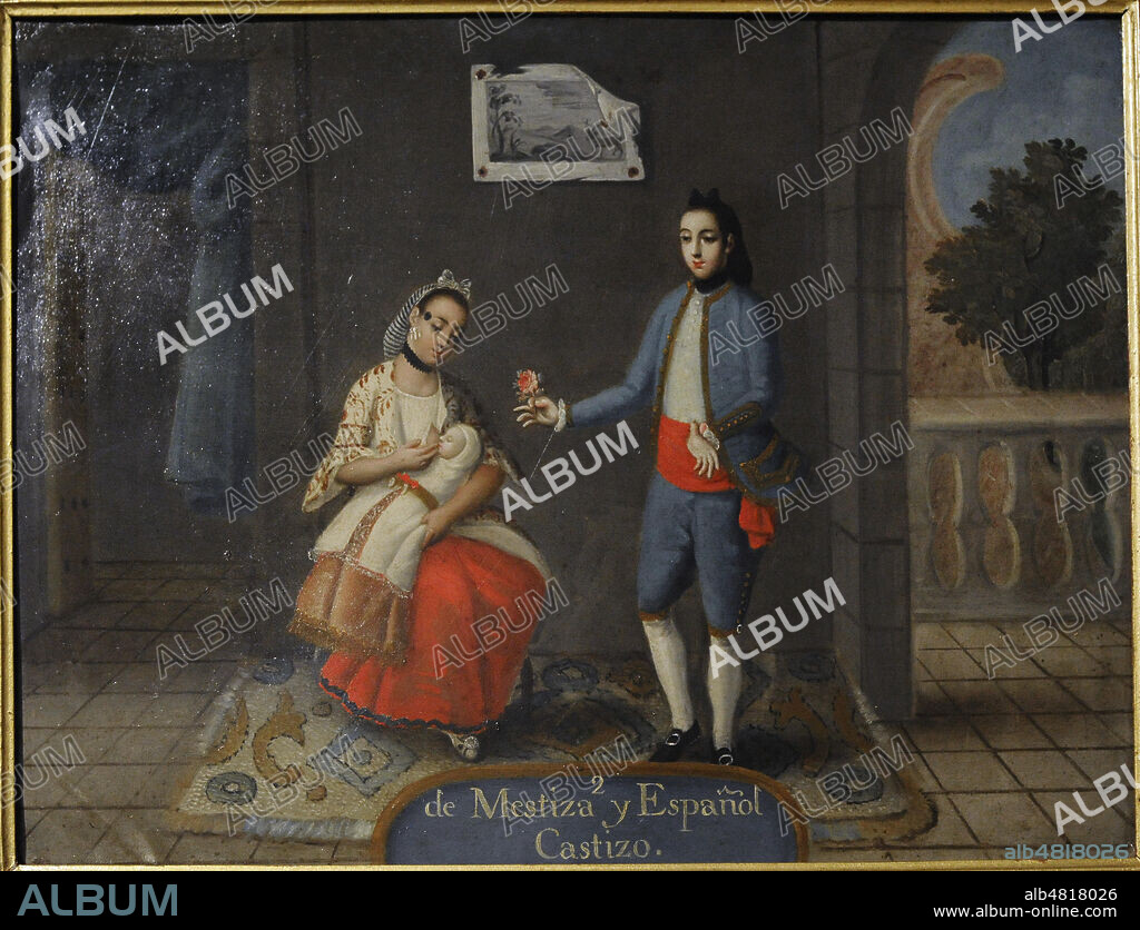 Pintura de castas. Pintura anónima. De mestiza y español, castizo. Oleo sobre cobre (48 x 36 cm). 1775-1800. Virreinato de Nueva España. Escuela Mexicana. México. Museo de América. Madrid. España.