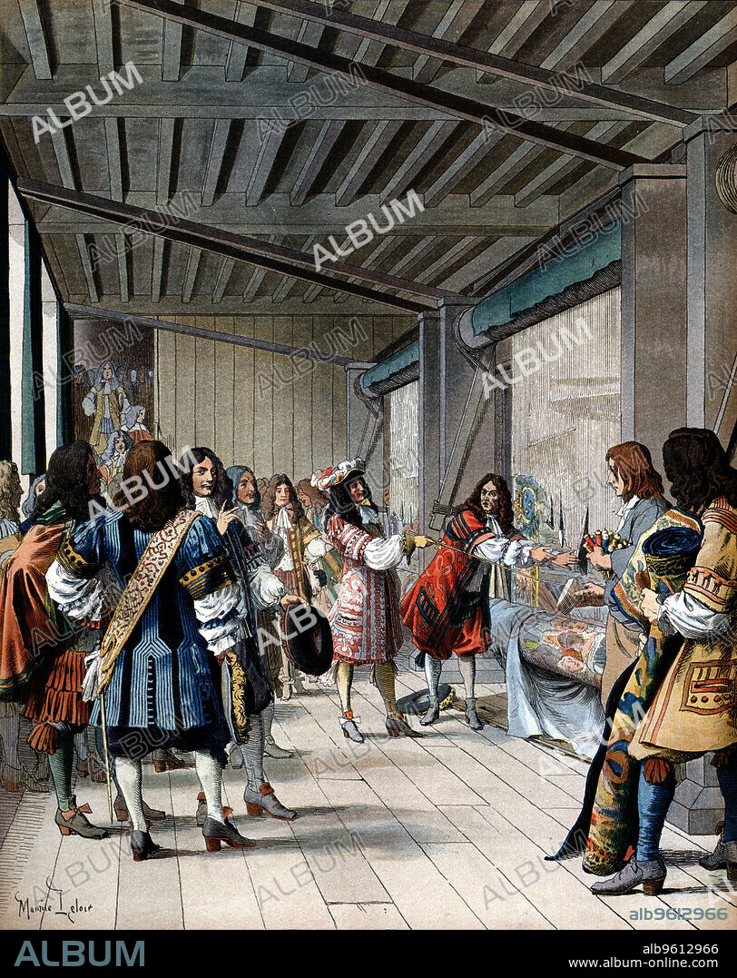 Louis XIV of France visiting the Gobelins tapestry works, 17th century (late 19th century). Colbert, Louis' Minister of Finance established Gobelins and the Sevres porcelain factory.