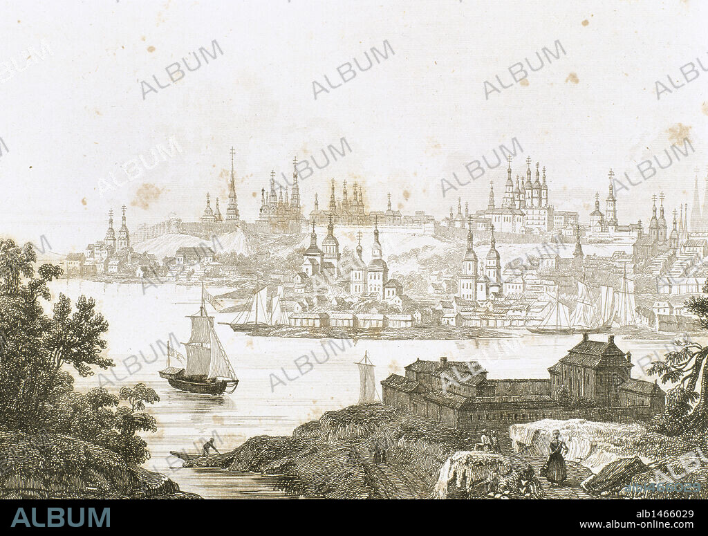Grabado del siglo XIX que representa la ciudad de KAZAN a orillas del rio volga, capital de los tártaros. RUSIA.