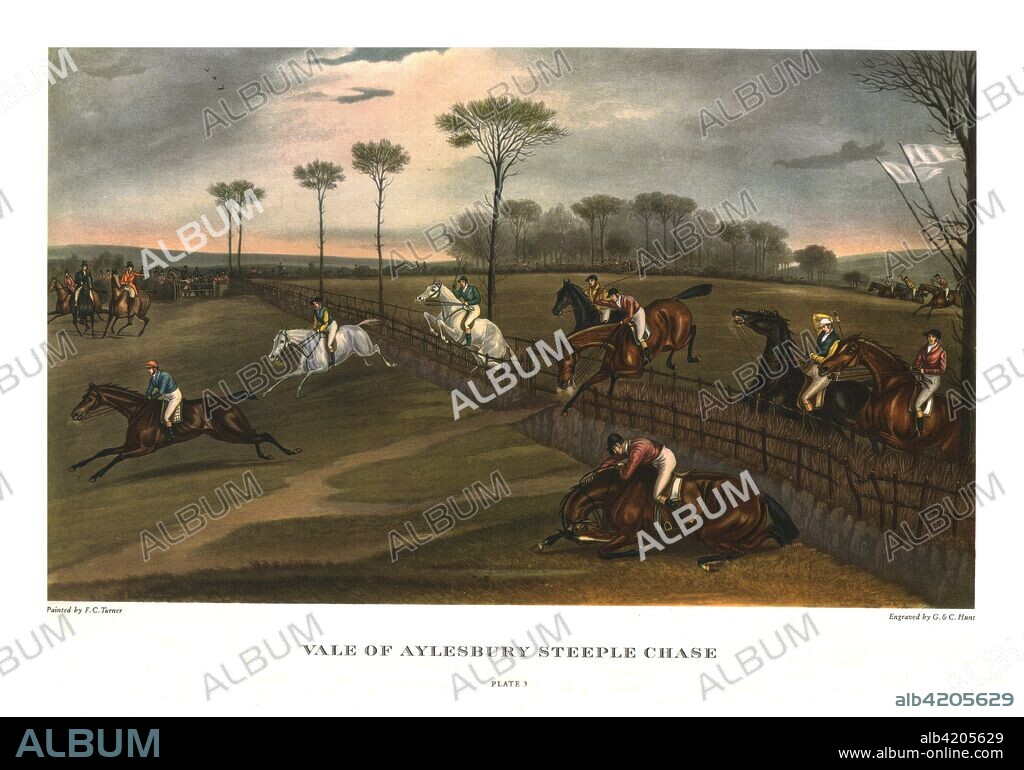 'Vale of Aylesbury Steeple Chase', Plate 3, c1836, (c1955). 'Berry Field Farm, Ivy Ground', horse racing scene after Francis Calcroft Turner. Published by Ariel Press, London W1. Printed in Germany by KG Lohse, Frankfurt am Main, [c1955].