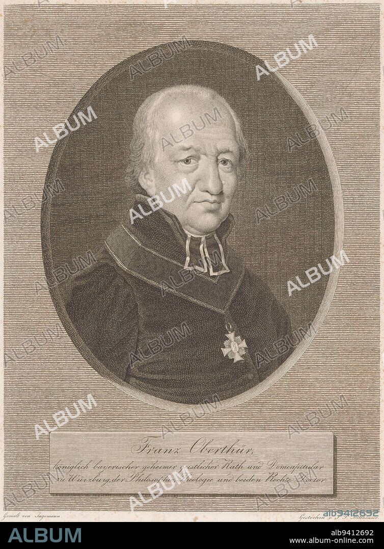 Portrait of Franz Oberthür, Johann Pleikhard Bittheuser, after Ferdinand Jagemann, 1829 - 1859, print maker: Johann Pleikhard Bittheuser, (mentioned on object), after: Ferdinand Jagemann, (mentioned on object), Würzburg, 1829 - 1859, paper, engraving, h 235 mm - w 185 mm.