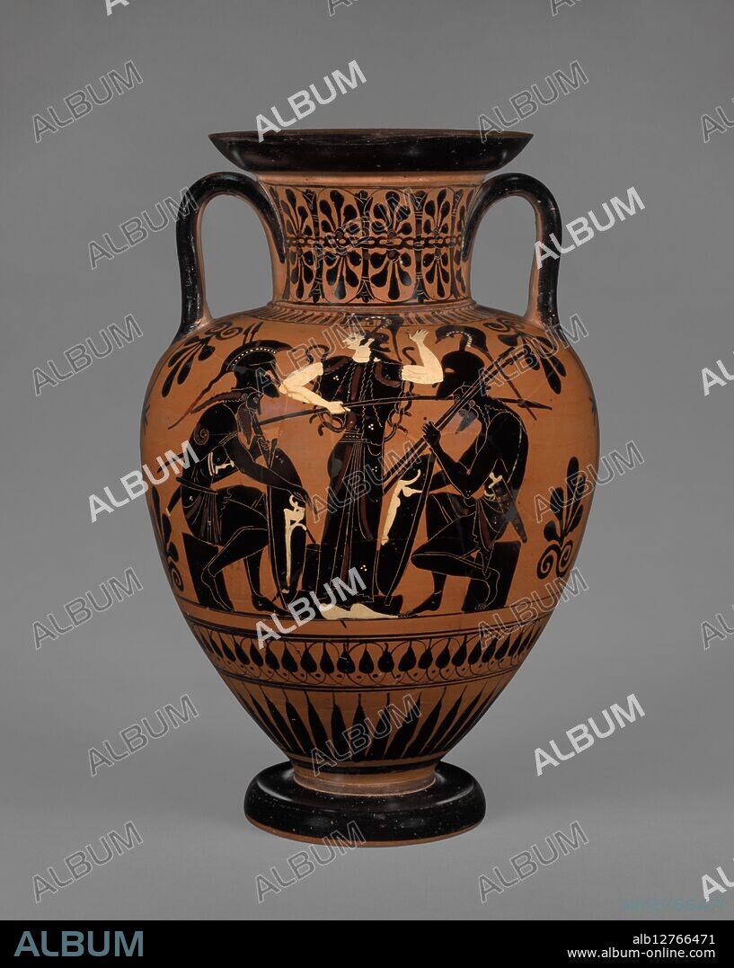 Attic Black-Figure Neck Amphora, about 510 BC. Storage Jar with Achilles and Ajax Gaming.   Additional Info: Two warriors sit playing a board game, while the goddess Athena stands in front of the board and gestures. The warriors have their armor and weapons ready, as if just pausing during a break in the conflict. Based on similar scenes with inscriptions, the two warriors can be identified as Ajax and Achilles, the leading men in the Greek army. This scene was very popular in Athenian vase-painting of the late 500s BC and was a favorite of the painters in the Leagros Group. Some scholars believe that this mythological scene also served as a contemporary political parable on the value of staying alert, since the tyrant Peisistratos had been able to take control of the city of Athens while the army was distracted.