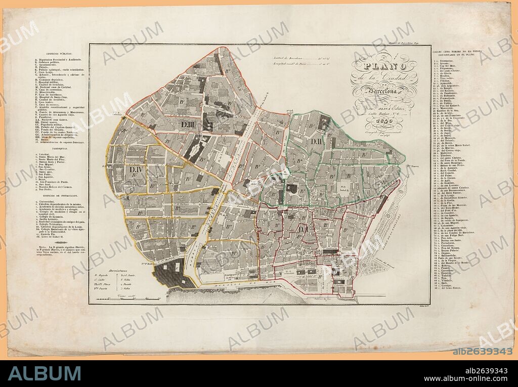 Barcelona. Siglo XIX. Plano de la ciudad amurallada en 1840, actualizado en 1848. Grabado de 1848.