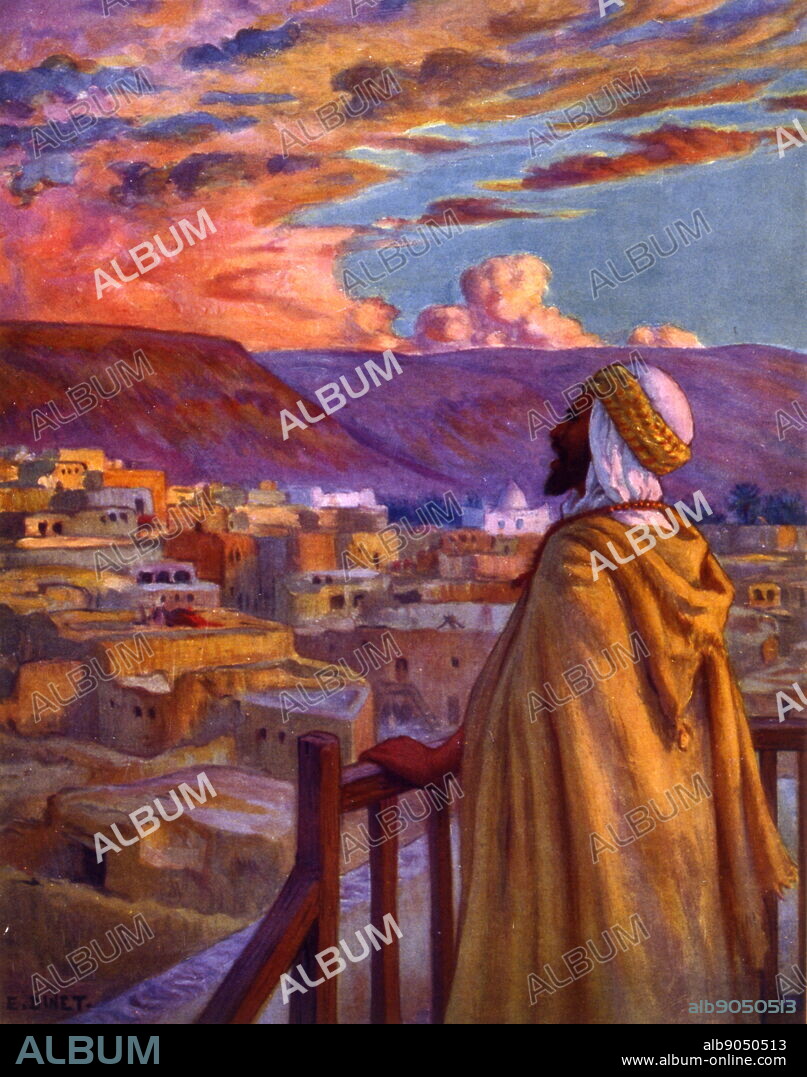 Muezzin calling the faithful to prayer at a village in the desert, by Nasreddine Dinet (Alphonse-Étienne Dinet); 1861 - 1929, a French orientalist painter 1918.