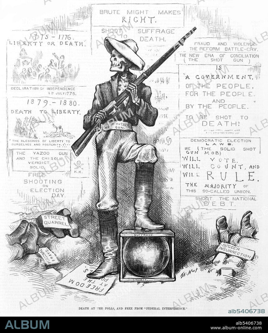 Death at the polls, and free from federal interference." A skeleton holding a shotgun at the polls to prevent Black Americans from voting in the post-Civil-War Reconstruction Era. Thomas Nast (1840-1902), Harper's Weekly, 1879. At right is the question: "Is a government of the people, for the people, and by the people, to be shot to death?.