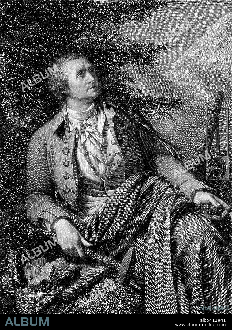 Horace-Bénédict de Saussure (February 17, 1740 - January 22, 1799) was a Genevan geologist, meteorologist, physicist, mountaineer and Alpine explorer, often called the founder of alpinism and modern meteorology. His early interest in botanical studies and glaciers led Saussure to undertake journeys across the Alps. In 1767, he completed his first tour of Mont-Blanc, a trip that did much to reveal the topography of the snowy portions of the Alps of Savoy. He also carried out experiments on heat and cold, on the weight of the atmosphere and on electricity and magnetism. For this, he devised what became one of the first electrometers. The Alps were the focus of Saussure's investigations. He saw them as the grand key to the true theory of the earth, and they gave him the opportunity to study geology in a manner never previously attempted. He closely examined the inclination of the strata, the nature of the rocks, the fossils and the minerals. All of Saussure's observations and experiments from seven Alpine journeys were summed up and published in four quarto volumes, under the general title of Voyages dans les Alpes (1779-96). He died in 1799 at the age of 58. Line engraving by C. S. Pradier after J. P. St Ours, undated.