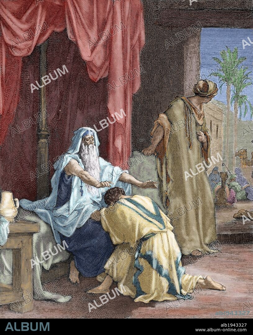 PAUL GUSTAVE DORÉ. ANTIGUO TESTAMENTO. LIBRO DEL GENESIS. ISAAC. Patriarca hebreo, hijo único de Abraham y Sara. "ISAAC BENDICE A SU HIJO JACOB Y LO ENVIA A MESOPOTAMIA". Grabado de Gustave Doré. S. XIX. Coloreado.