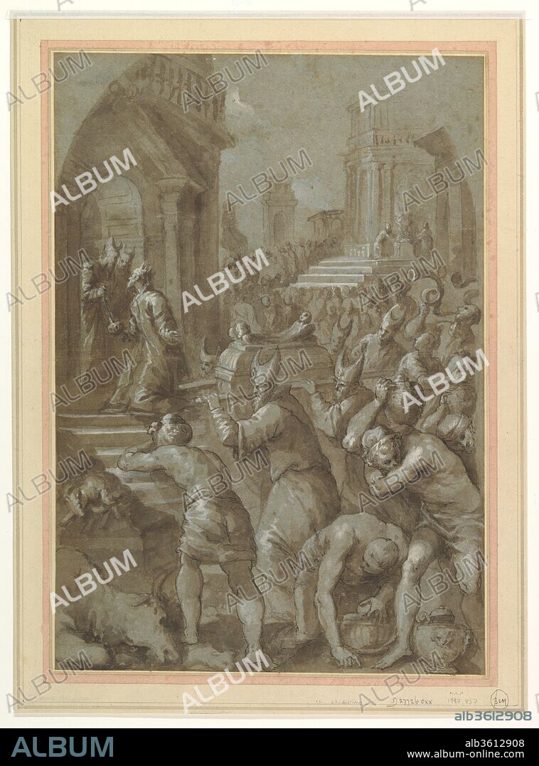 King Solomon Beholds the Ark of the Covenant Being Brought to the Temple. Artist: Andrea Vicentino (Andrea Michieli) (Italian, Venice 1542-1618 Venice). Dimensions: 18-1/2 x 12-3/4 in. (47.2 x 32.7 cm). Date: 1604.
Representing an episode in the reign of King Solomon of the Old Testament (First Book of Kings), this large, highly finished composition is executed in a dense, painterly brush technique on blue paper that is typical of North-Italian practice. The drawing dates from the artist's late period, and may have been intended as a demonstration piece for a patron to show the design of a monumental canvas or fresco with an arched shape. As identified only recently by Stefania Mason (June 2013), the drawing is in fact a preparatory modello for the organ shutters of the Church of San Zulian (San Giuliano) in Venice, painted by Il Vicentino in 1604. A drawing in the Musée des Beaux-arts, Nantes, has also been identified as the preparatory modello for the organ shutters at San Zulian (see: Ettore Merkel, "Le portelle di Andrea Vicentino per l'antico organo di San Zulian: un recupero avventuroso," Arte Veneta, no. 46, 1994, pp. 104-105).  
Little is known about Vicentino, a superbly fluent draftsman, who assimilated the Venetian tradition of painting from his training in the workshop of Alessandro Maganza. Originally from the city of Vicenza, as this drawing vividly attests, Vicentino's pictorial vocabulary emerged from the "grand manner" of Jacopo Tintoretto and Palma il Giovane, but the style in this sheet also evokes closely that of Paolo Farinati, Vicentino's near contemporary from neighboring Verona.