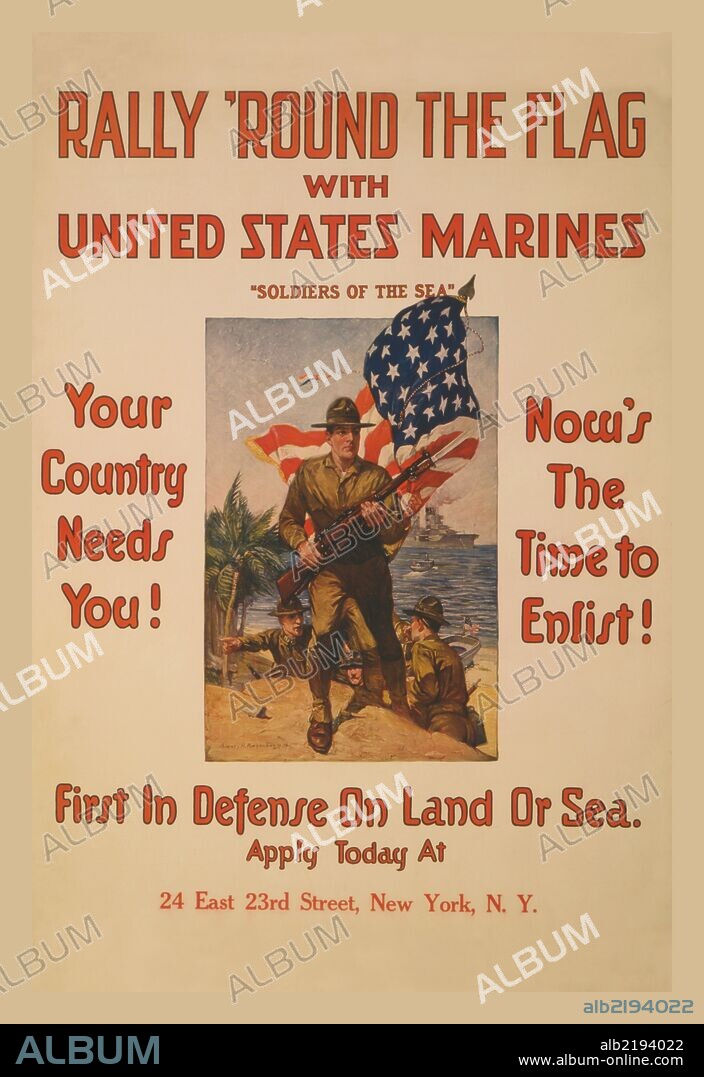 A marine landing party is the focal point of this recruitment poster.  The poster empasizes defense on land or sea.