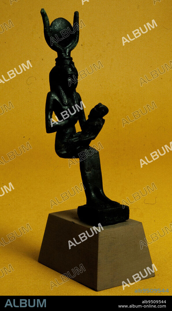 Goddess Isis, c. 664 BCE - 30 CE, 5 7/8 x 1 5/8 in. (14.9 x 4.1 cm), Bronze, Egypt, 8th century BCE - 1st century CE, Many world religions and belief systems have a sacred mother figure, personifying a strong, caring characterlike the Hindu goddess Parvati, the Greek goddess Gaia, or the Christian Virgin Mary. Isis is the sacred mother figure of ancient Egypt, known as the Mother Goddess, with a dramatic backstory: to conceive her son, she resurrected her murdered husband. In this statuette, Isis holds Harpocratesthe child Horusto her breast, a position that represents the mother figure as the nurturer and protector of humankind.