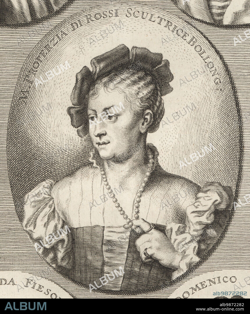 Properzia de' Rossi, ground-breaking Italian Renaissance sculptress from Bologna, c.1490-1530. M. Properzia di Rossi Scultrice Bollong. Copperplate engraving by Jacob von Sandrart after an illustration by Joachim von Sandrart from his LAcademia Todesca, della Architectura, Scultura & Pittura, oder Teutsche Academie, der Edlen Bau- Bild- und Mahlerey-Kunste, German Academy of Architecture, Sculpture and Painting, Jacob von Sandrart, Nuremberg, 1675.