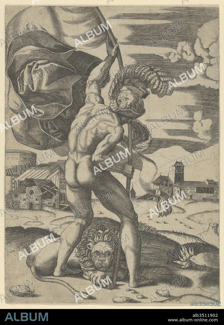 Naked man wearing an elaborate helmet viewed from behind holding a banner, a lion seated on the ground, ca. 1500–1534, Engraving, Sheet: 9 11/16 × 6 15/16 in. (24.6 × 17.7 cm), Prints, Marcantonio Raimondi (Italian, Argini (?) ca. 1480–before 1534 Bologna (?)), ? after Raphael (Raffaello Sanzio or Santi) (Italian, Urbino 1483–1520 Rome), ? after Giulio Romano (Italian, Rome 1499?–1546 Mantua), There is a preparatory drawing for the print in the Musée des Beaux-Arts, Rennes attributed to the workshop of Raphael (Inv.17). It is possibly by Marcantonio.