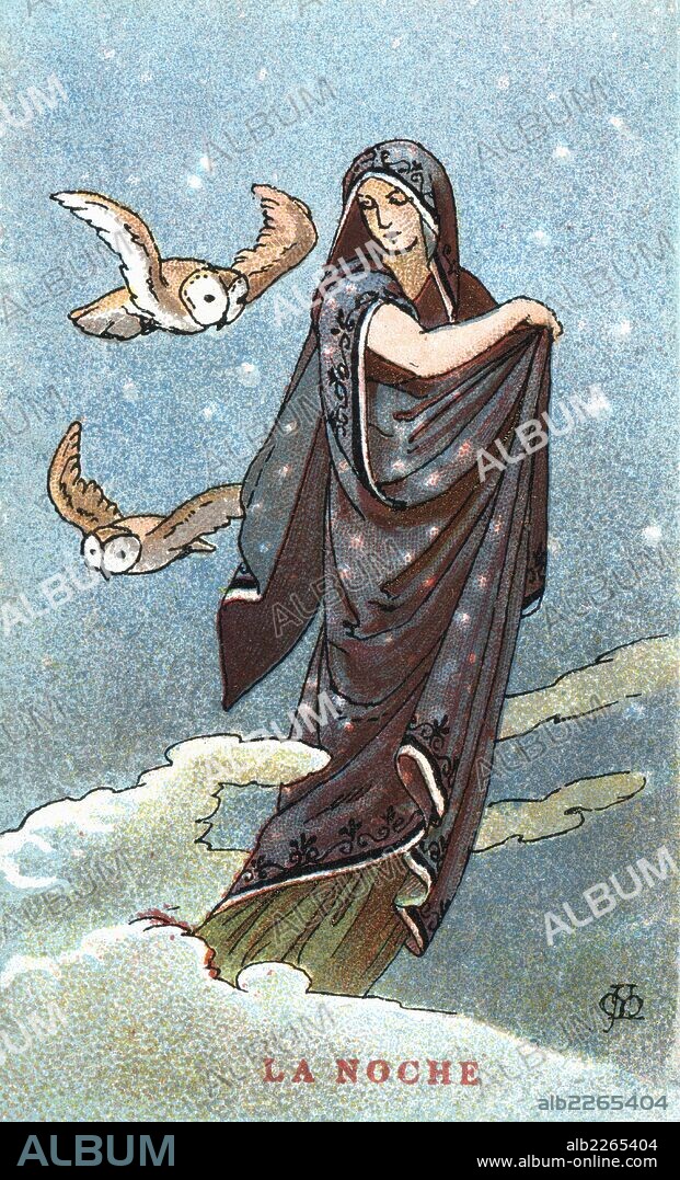 APEL·LES MESTRES I OÑÓS. Mitología. Nix, diosa de la Noche, hija del cielo y la tierra, diosa de las tinieblas. Años 1920.