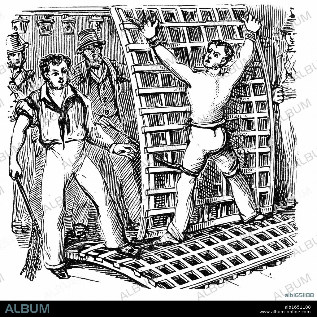 Naval discipline: British sailor, tied to the grating, being flogged with Cat-O-Nine-Tails. In 1867 Parliament abolished flogging in the armed services. 19th century wood engraving.
