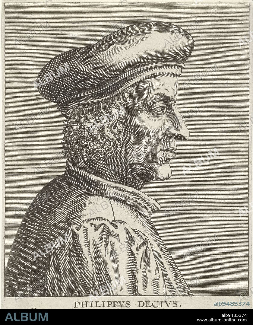 Portrait of Filippo Decio, an Italian jurist In profile to the right The print has a Latin caption and is part of a series of famous scholars, Portrait of Filippo Decio Philippvs Decivs Portraits of famous scholars Imagines L doctorum virorum , print maker: Philips Galle, Franciscus Raphelengius (I), publisher: Philips Galle, (possibly), Antwerp, 1587 - 1606, paper, engraving, h 170 mm × w 117 mm.