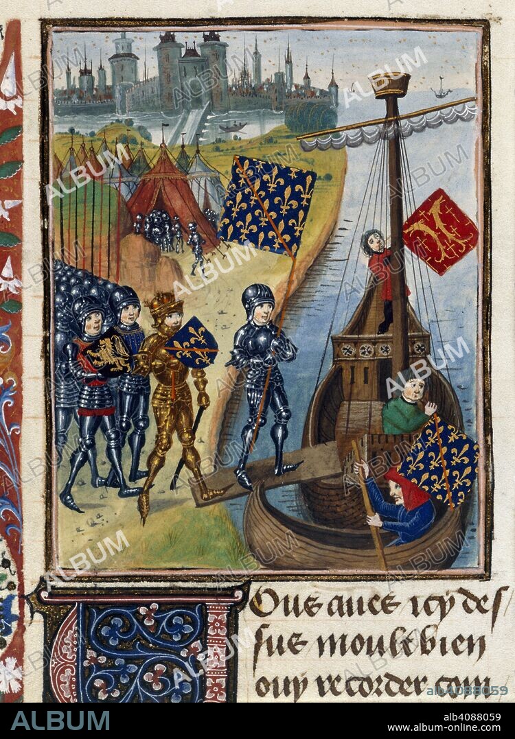 JEAN FROISSART. Siege of pirate stronghold. Chroniques, Vol. IV, part 1 (the 'Harley Froissart'). (Froissart's Chronicles). S. Netherlands (Bruges), 1470-1475. (Miniature) The raising of the siege of the pirate stronghold in North Africa (Mahedia).  Image taken from Froissart's Chronicles (Volume IV, part 1).  Originally published/produced in S. Netherlands (Bruges), 1470-1475. . Source: Harley 4379, f.104v. Language: French.