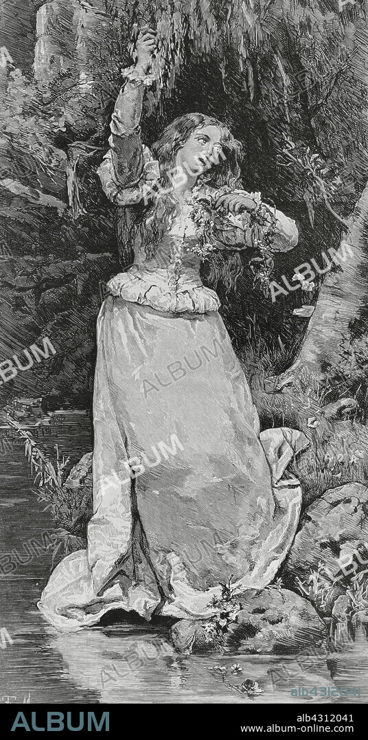 Ophelia. Fictitious character from the play "Hamlet" by William Shakespeare (1564-1616). Engraving after a painting by Tomás Muñoz Lucena (1840-1943), 1882. La Ilustración Española y Americana (The Spanish and American Illustration), 1883.