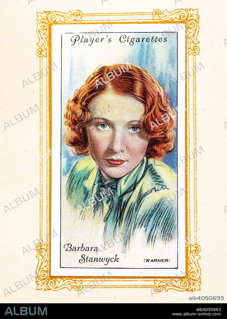Barbara Stanwyck, 1934. Barbara Stanwyck (born Ruby Catherine Stevens; July 16, 1907 - January 20, 1990) was an American actress. From An Album of Film Stars; Second Series issued by John Player & Sons. [Imperial Tobacco & Co Ltd, 1934].
