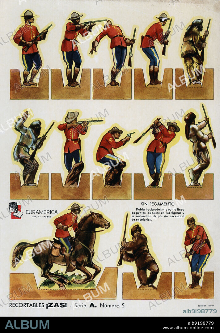 España. Hoja recortable infantil. Policía montada del Canadá. Recortables ¡ZAS! Editorial Euramérica, de Madrid. Años 1950.
