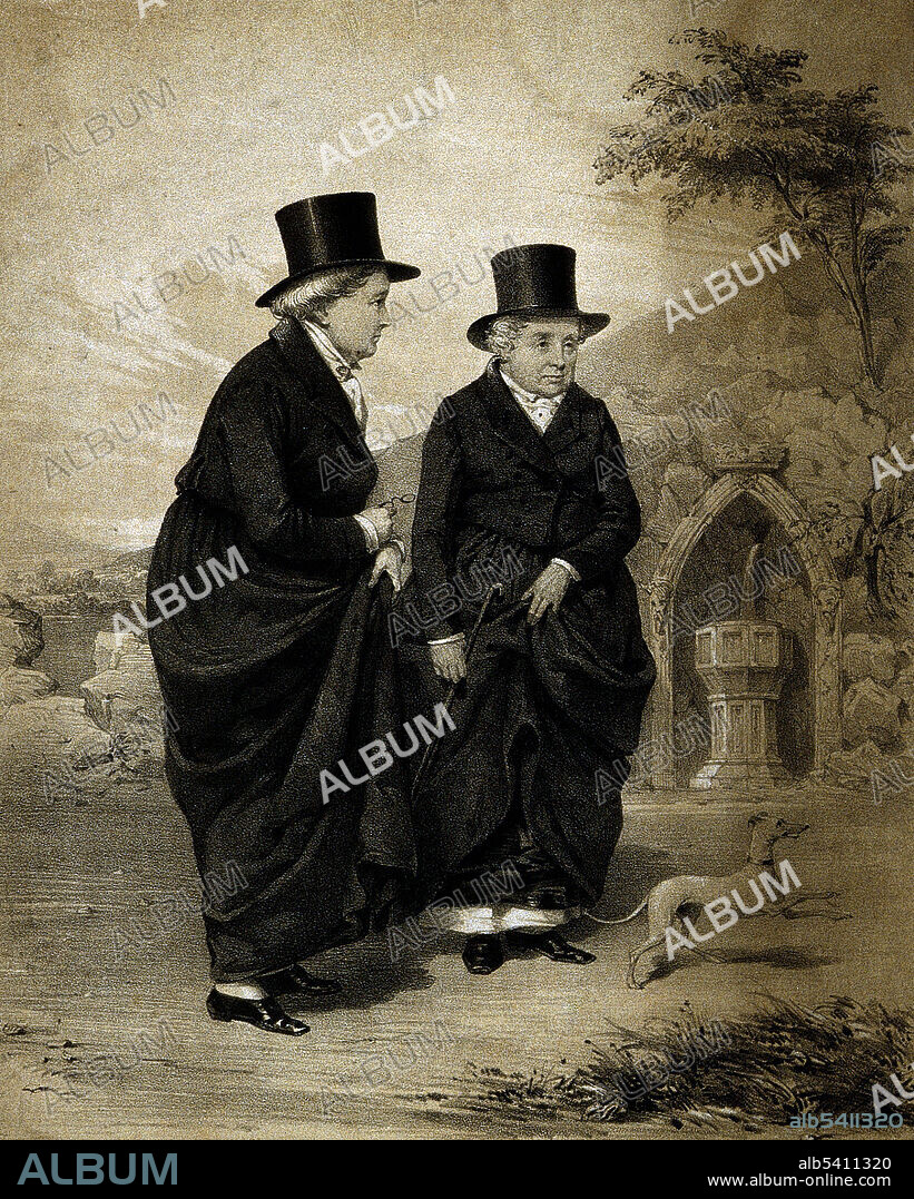 The "Ladies of Llangollen", Eleanor Charlotte Butler (May 11, 1739 - June 2, 1829) and Sarah Ponsonby (1755 - December 9, 1831), were two upper-class Irish women whose relationship scandalized and fascinated their contemporaries. They met in 1768, and quickly became close. Over the years they formulated a plan for a private rural retreat to live an unconventional life together. Putting their plan into motion, they took a tour of the Welsh countryside, eventually settling in North Wales. Living first in a rented home in the village of Llangollen, they moved in 1780 to a small cottage they called Plas Newydd (new mansion). They devoted their time to extensive correspondence, private studies, and improving their estate. After a couple of years, their life attracted the interest of the outside world. Their house became a haven for visitors traveling between Dublin and London. Queen Charlotte wanted to see their cottage and persuaded the King to grant them a pension. Eventually their families came to tolerate them. They lived together for over 50 years. Their books and glassware carried both sets of initials and their letters were jointly signed. Eleanor died in 1829 at the age of 90 and Sarah died in 1831 at the age of 76.