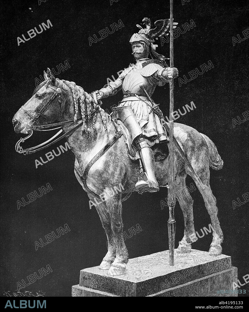 The German herald, cavalry statue at the Reichstag building in Berlin, Germany, by Rudolf Maison, Reproduction of a photo/image from the year 1890, digital improved.