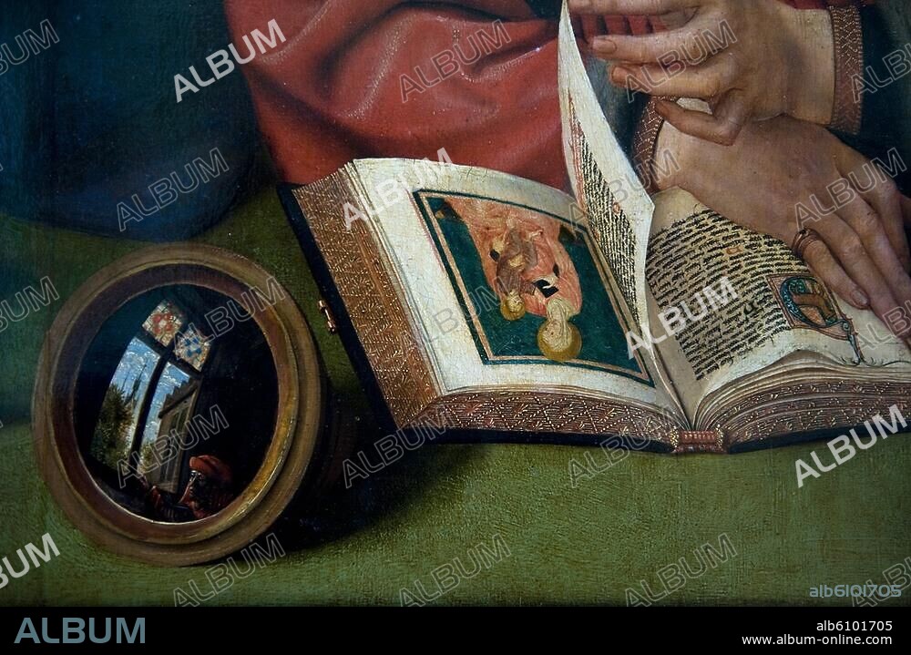 Massys, Quentin 1466-1530. "Der Goldwäger und seine Frau", 1514. Ausschnitt: Stundenbuch und Konvexspiegel mit Selbstbildnis des Malers. (Nach einem verlorenen Bild von van Eyck). Auf Holz, 71 x 68 cm. INV. 1444.