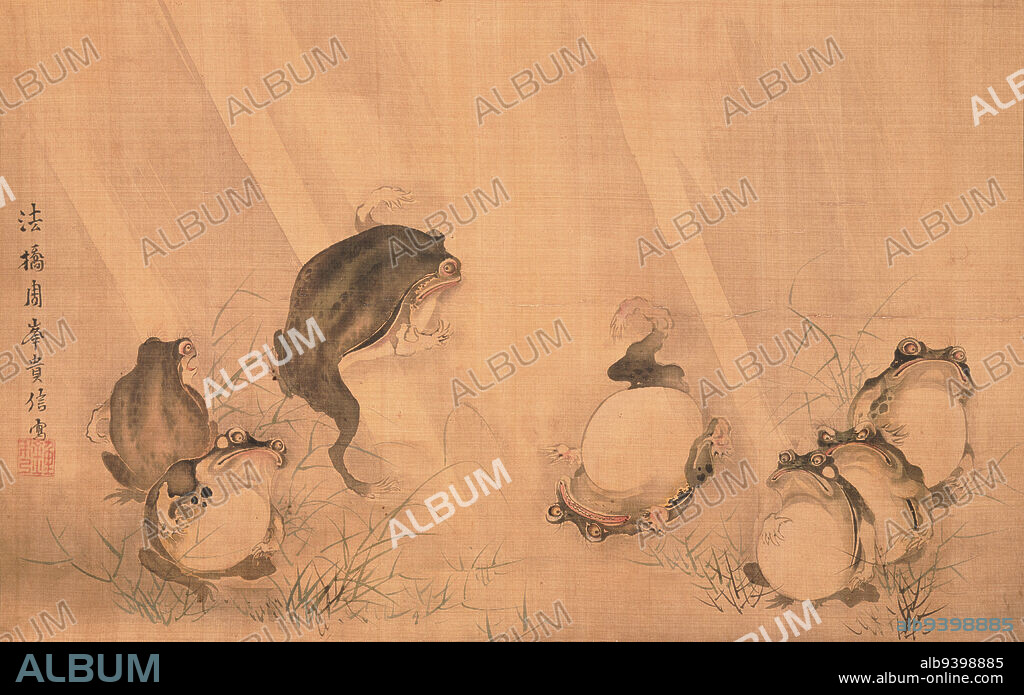 Frogs in Sumo Match, early 19th century, Mori Shh, Japanese, 1738 - 1823, 13 1/16 × 20 7/8 in. (33.18 × 53.02 cm) (image)50 1/4 × 25 9/16 in. (127.64 × 64.93 cm) (mount, without roller), Ink on silk, Japan, 19th century, On a damp and rainy day, a bunch of frogs are enjoying themselves with sumo wrestling. While two frogs are engaged in a bout, other frogs are sitting on the left and right to watch them while they hold their big round bellies. Each frog expresses a striking individuality, creating a richly humorous impression. Personification of frogs in human activities has been used in Japan since the Heian period (7941180).