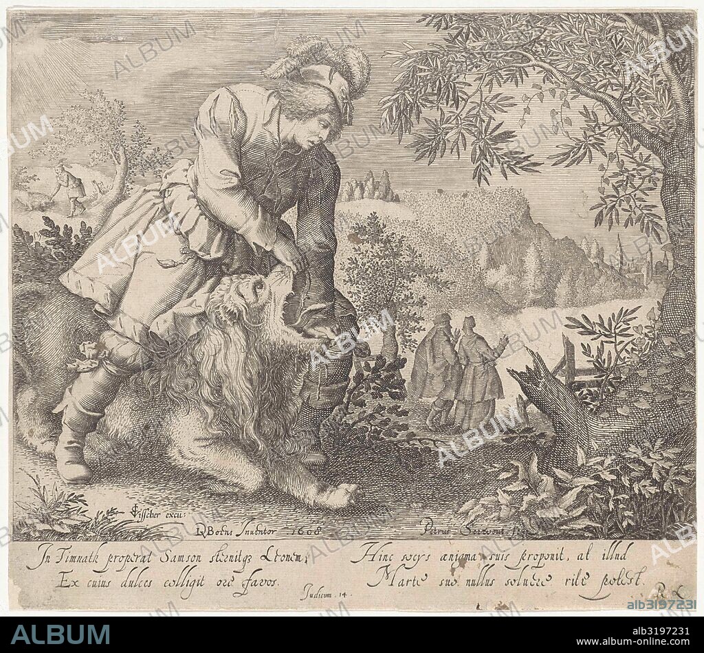Samson and the lion, Pieter Serwouters, Claes Jansz. Visscher II, Richard Lubbaeus, 1608.