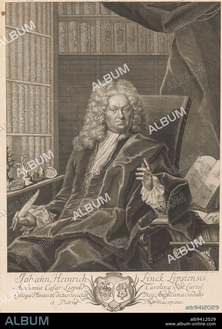 Portrait of Johann Heinrich Linck, Martin Bernigeroth, 1722 - 1733, print maker: Johann Martin Bernigeroth, (mentioned on object), Leipzig, 1722 - 1733, paper, engraving, etching, h 416 mm × w 290 mm.