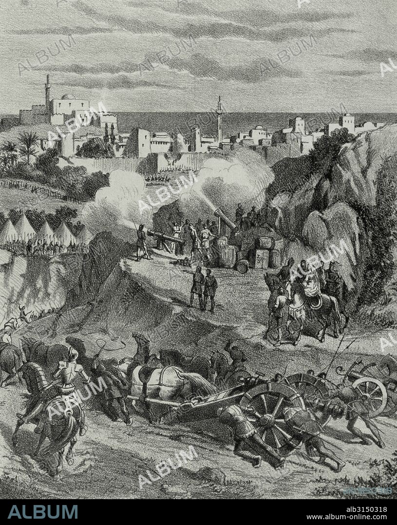 "SITIO DE MALAGA POR EL REY FERNANDO II EL CATOLICO" (1487). Durante el último empuje de la Reconquista los Reyes Católicos conquistaron la ciudad de Málaga, en el marco de la Guerra de Granada. "Historia de España ilustrada", por Rafael del Castillo, año 1871. Grabado.