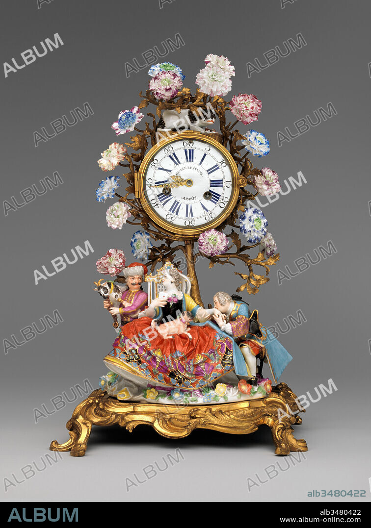 Mantel clock (pendule de chiminée), Clockmaker: Paul Gudin Le Jeune (French, recorded 1739, died 1755), clock ca. 1750, figures decorated ca. 1737/38, French, Paris with German, Meissen and French, Vincennes case, Case: hard-paste and soft-paste porcelain, with gilded-bronze mounts; Dial: white enamel with blue numerals for hours and blue numerals for minutes; Movement: brass and steel, Overall: 17 1/2 × 11 1/4 × 8 3/4 in. (44.5 × 28.6 × 22.2 cm); Diameter (back plate): 3 3/4 in. (9.5 cm), Horology, Clockmaker: Paul Gudin Le Jeune (French, recorded 1739, died 1755), Parisian guilds placed restrictions on the materials that could be incorporated in clockcases. However, entrepreneurs known as marchands-merciers circumvented these rules by combining parts obtained from various sources, resulting in clocks as elaborate as this one.
