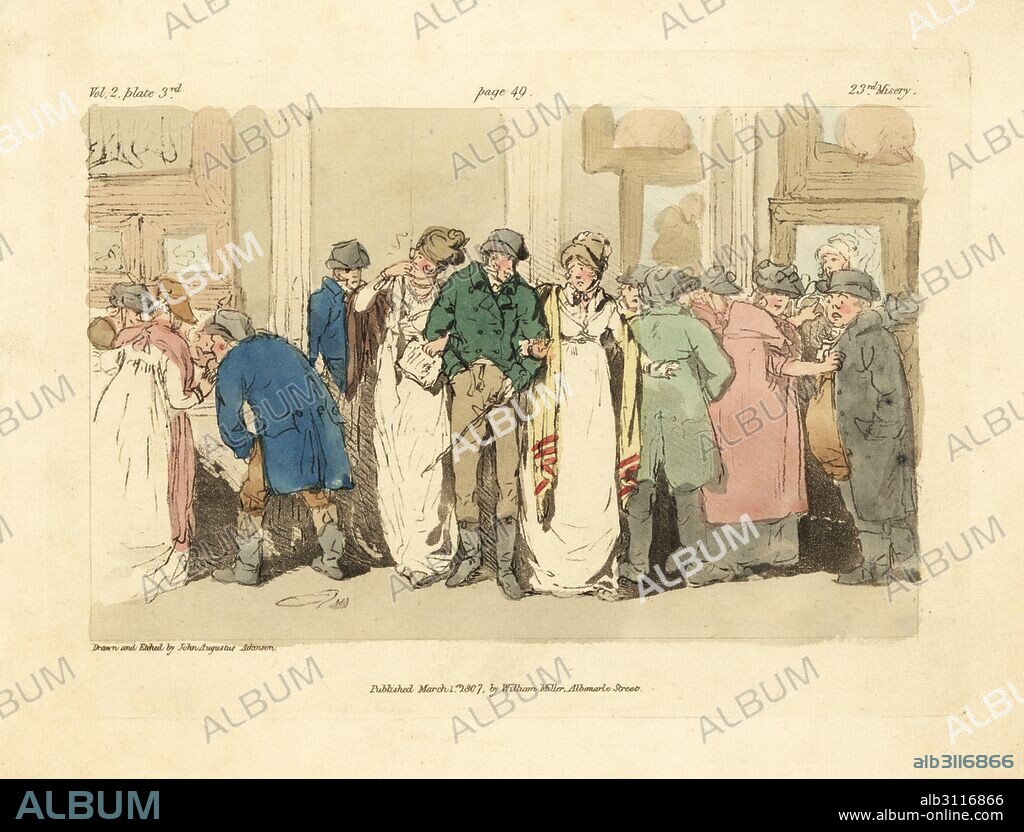 Fashionable visitors disgusted to find a gallery filled with the hoi-polloi and riff-raff. Handcoloured copperplate drawn and etched by John Augustus Atkinson from Illustrations of the Miseries of Human Life, William Miller, London, 1807.