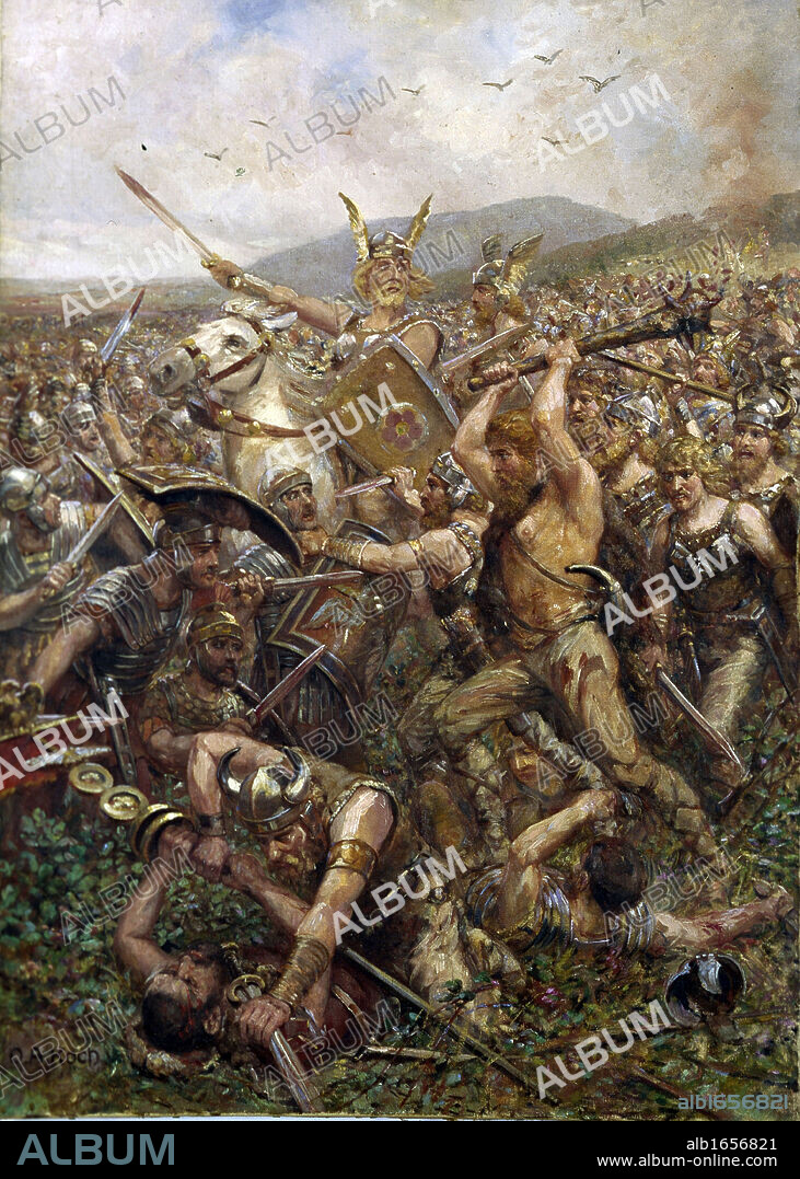 Otto Albert Koch (1866-1920), German graphic artist. 1909 'the Battle of the Teutoburg Forest or the Battle of Varus' In 9 AD, Varus had stationed his armies near the Weser River with his three legions, the Seventeenth, the Eighteenth and the Nineteenth, when news arrived of a growing revolt in the Rhine area to the west.
