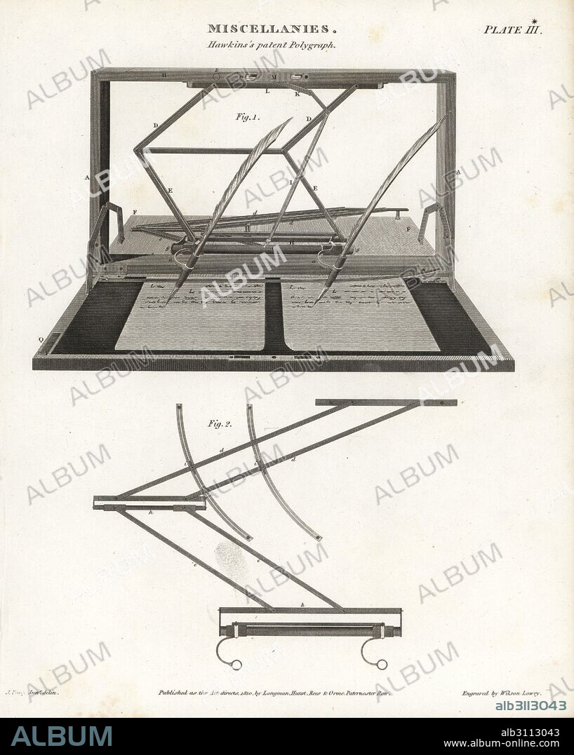 John Isaac Hawkins' patent polygraph machine or autopen. Copperplate engraving by Wilson Lowry after a drawing by J. Farey Jr. from Abraham Rees' Cyclopedia or Universal Dictionary of Arts, Sciences and Literature, Longman, Hurst, Rees, Orme and Brown, London, 1810.