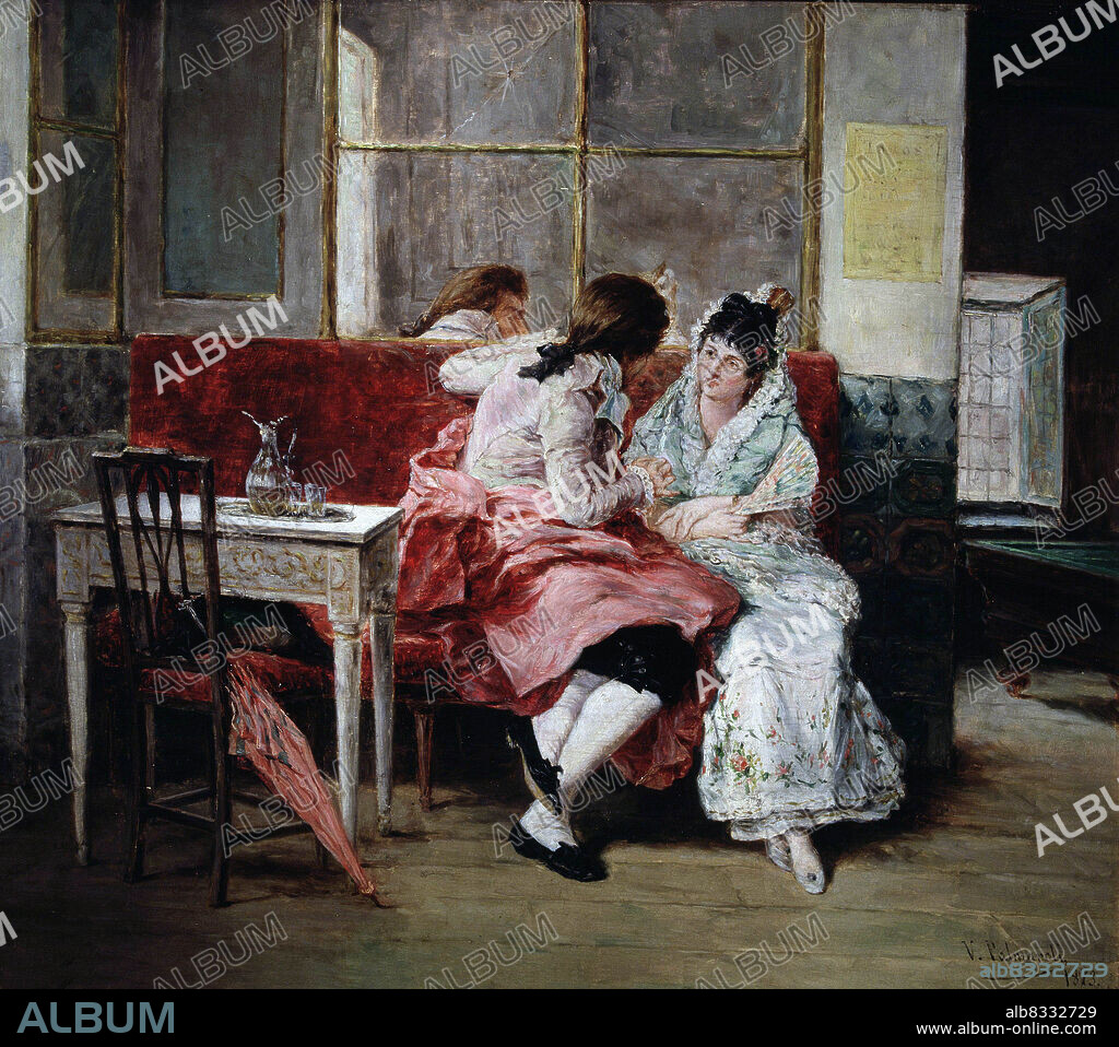 VICENTE PALMAROLI Y GONZALEZ. PALMAROLI , VICENTE. PINTOR ESPAÑOL .ZARZALEJO 1834 - 1896. " UN CAFE DEL SIGLO XVIII " O " LA BOTILLERIA ". AÑO 1873. MUSEO BELLAS ARTES . BILBAO.