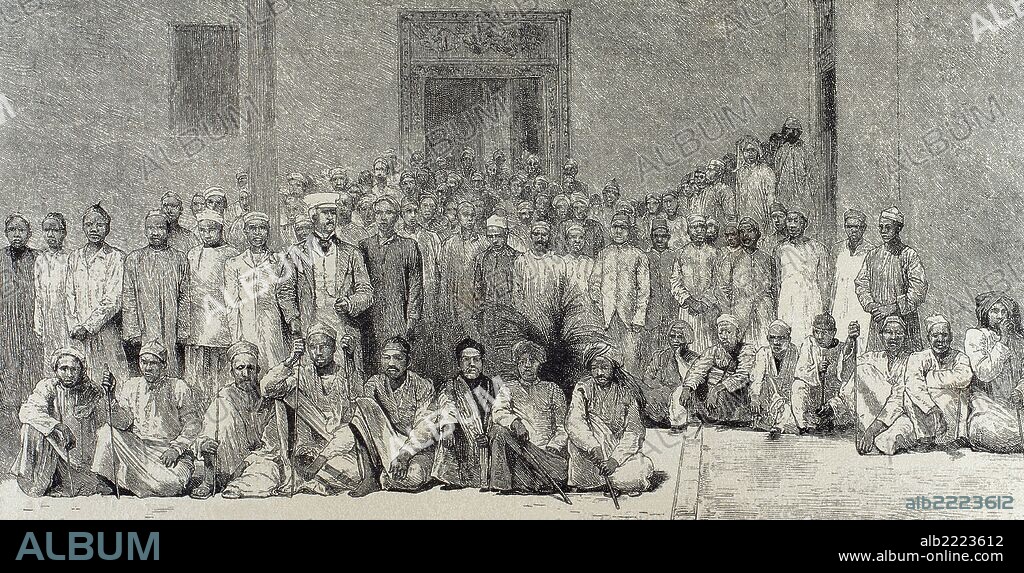 HISTORIA DE AFRICA. EXPLORACIONES. STANLEY, Henry Morton (1841-1904). Explorador y periodista británico. "STANLEY Y SUS COMPAÑEROS DE VIAJE AL REGRESO DE LA EXPEDICION POR EL INTERIOR DE AFRICA". Grabado del siglo XIX.