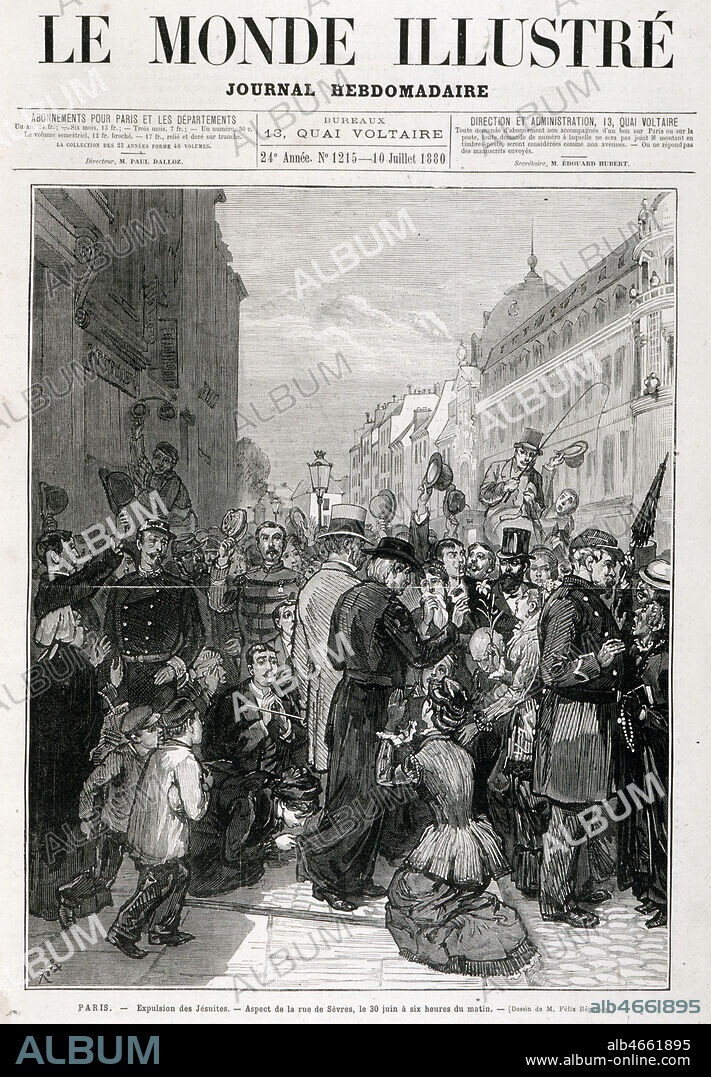 Expulsion des jesuites rue de Sevres a Paris en 1880. Gravure du Monde illustre du 10/07/1880. Credit: Collection KHARBINE-TAPABOR.
