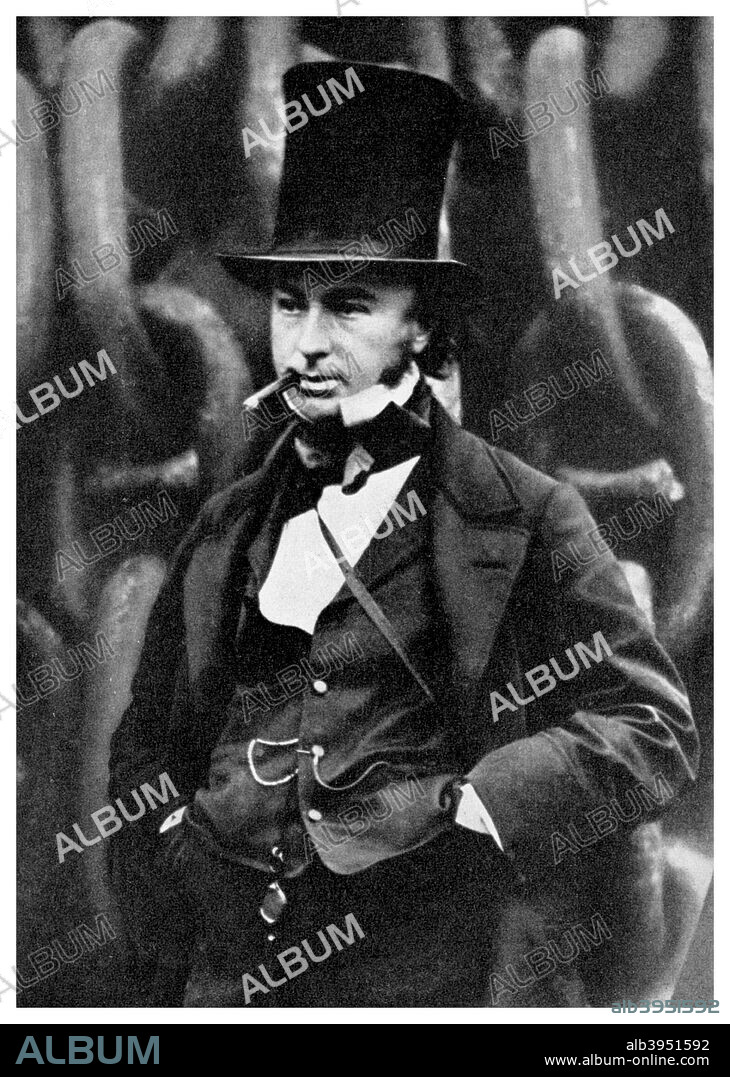 Isambard Kingdom Brunel, British engineer, 1857 (1956). Brunel (1806-1859) standing in front of the launching chains of his steamship the 'Great Eastern'. Brunel  left school in 1822 to work for his father Marc Isambard Brunel on the construction of the Thames Tunnel. He later became the chief engineer of the Great Western Railway between 1833 and 1858, and designed many bridges and viaducts including the Royal Albert Bridge in Saltash, Cornwall, and the Clifton Suspension Bridge in Bristol. He also designed the steamships 'Great Western', the 'Great Britain' and the 'Great Eastern'. A print from People, a volume about the origin and early history of many things, common and less common, essential and inessential, by Readers Union, the Grosvenor Press, London, 1956.