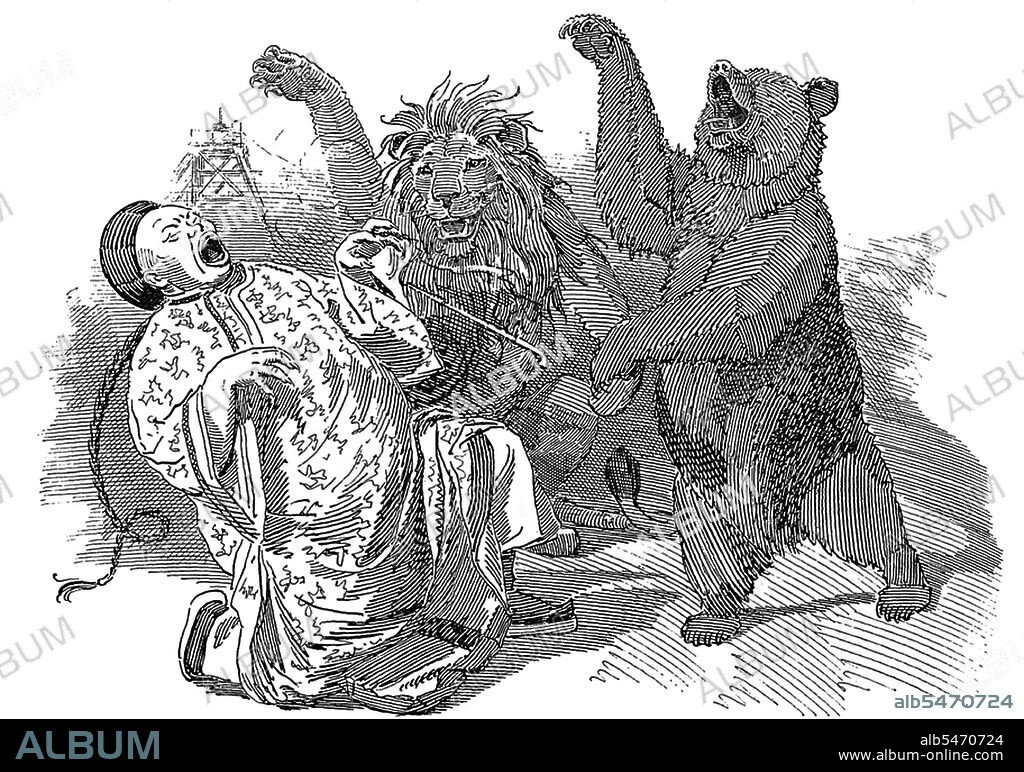 The Open Mouth', by Edward Linley Sambourne, Illustrated London News, 10 May, 1859: British Lion: 'It's alright, Johnny Chinaman. We've come to a perfectly friendly arrangement'. Russian Bear (pleasantly): 'We're going to invade you'. Several documents known as the 'Treaty of Tien-tsin' were signed in Tianjin (Tientsin) in June 1858, ending the first part of the Second Opium War (1856–1860). The Second French Empire, United Kingdom, Russian Empire, and the United States were the parties involved. These treaties opened more Chinese ports (see Treaty of Nanking) to the foreigners, permitted foreign legations in the Chinese capital Beijing, allow Christian missionary activity, and legalized the import of opium. The treaty was ratified by the Emperor of China in the Convention of Peking in 1860, after the end of the war.