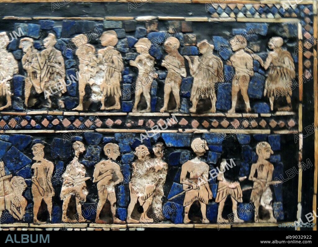 The Standard of Ur, 'War' 2400 B.C. The main panels are known as 'War' and 'Peace'. 'War' shows one of the earliest representations of a Sumerian army.