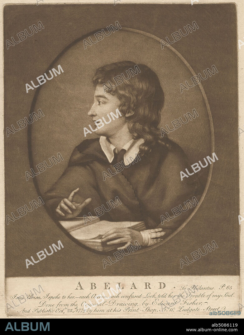 Peter Abelard (1079-1142), French scholastic philosopher, Print made by Edward Fisher, 17221785, British, Published by Edward Fisher, 17221785, British, 1779, Mezzotint on moderately thick, slightly textured, beige laid paper, Sheet: 12 11/16 x 9 13/16 inches (32.2 x 24.9 cm), Plate: 9 7/16 x 7 3/16 inches (24 x 18.2 cm), and Image: 6 7/8 x 5 5/8 inches (17.5 x 14.3 cm), book, curls, French, gesturing, letters, lover, man, Medieval, oval, philosopher, portrait, posing, reading, scholar.