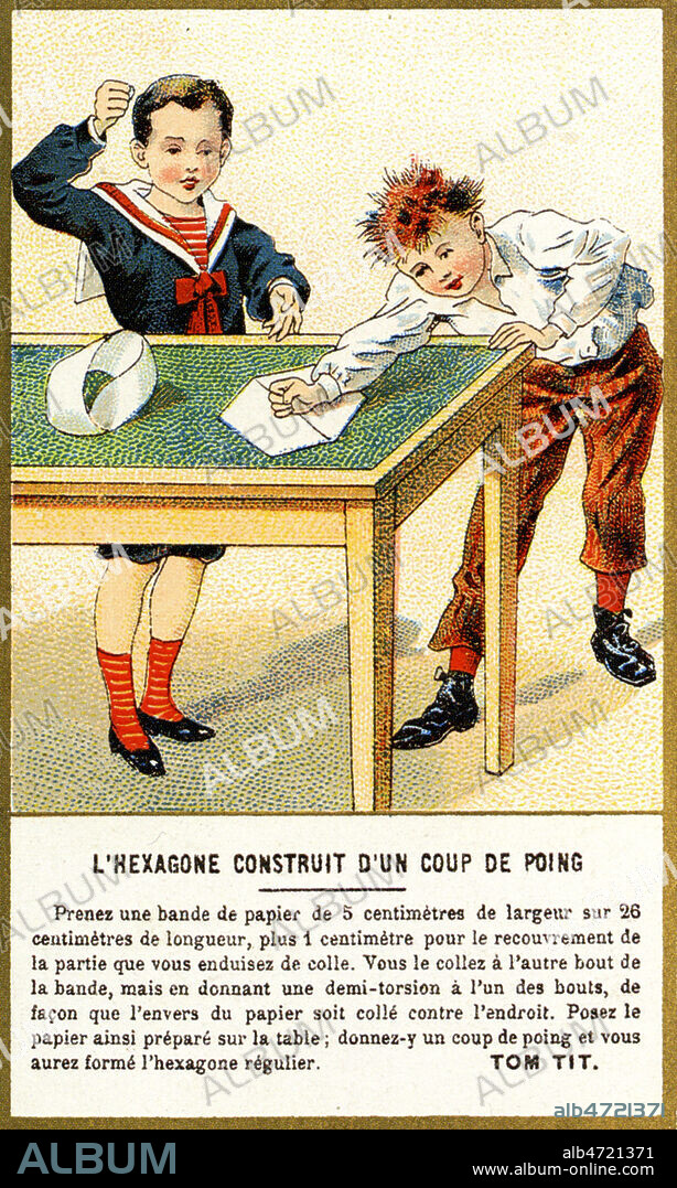 'L'hexagone construit d'un coup de poing'. Chromo vers 1890, serie Tom Tit. Credit : Collection KHARBINE-TAPABOR.