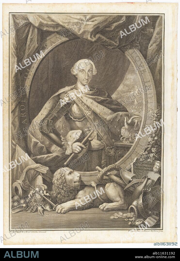 Camilus Paderni (Dibujante); Filippo Morghen (Grabador) / 'Carlos III, rey de España y de las Indias'. 1756. Aguafuerte, Buril sobre papel verjurado, 475 x 345 cm.